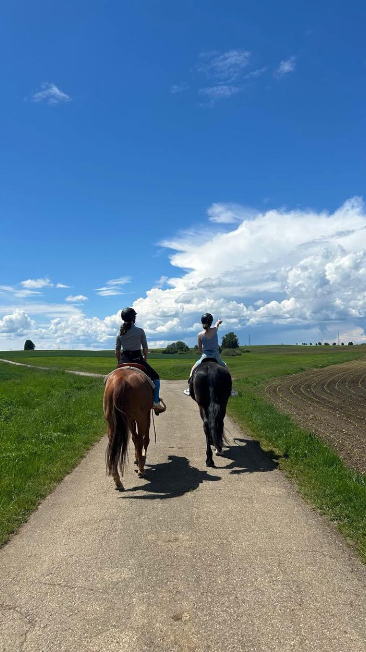 Zwei Personen reiten auf einem gepflasterten Weg zwischen grünen Feldern unter einem blauen Himmel mit vereinzelten Wolken.