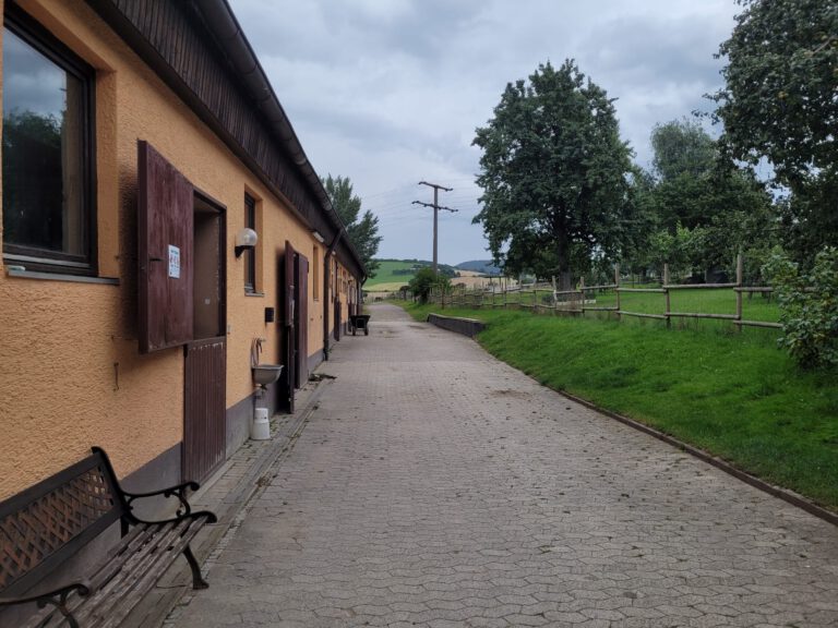 Ein gepflasterter Weg verläuft zwischen einem gelben Gebäude mit offenen Fensterläden und einem Holzzaun, gesäumt von Bäumen und Gras, und bietet Ihrer Reise eine malerische Startseite.