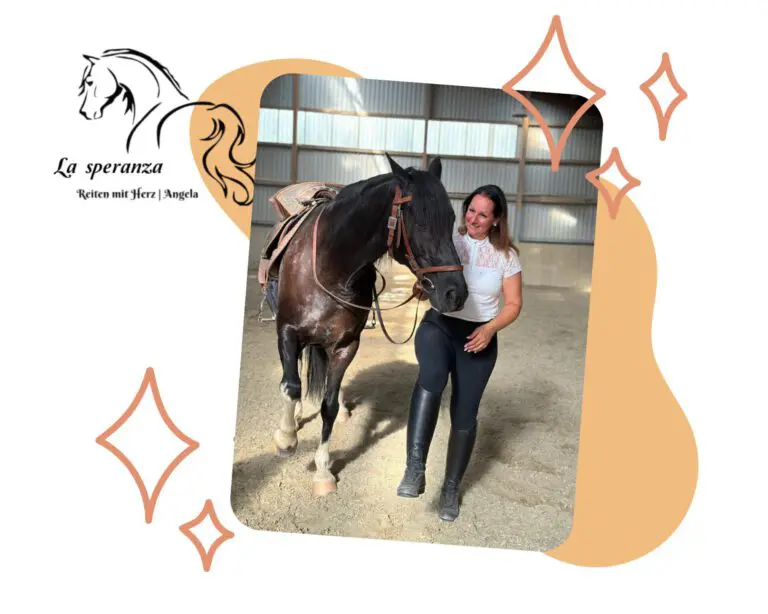 Eine Frau steht neben einem Pferd in einer Reithalle. Auf der Startseite steht der Text „La speranza Reiten mit Herz | Angela“.